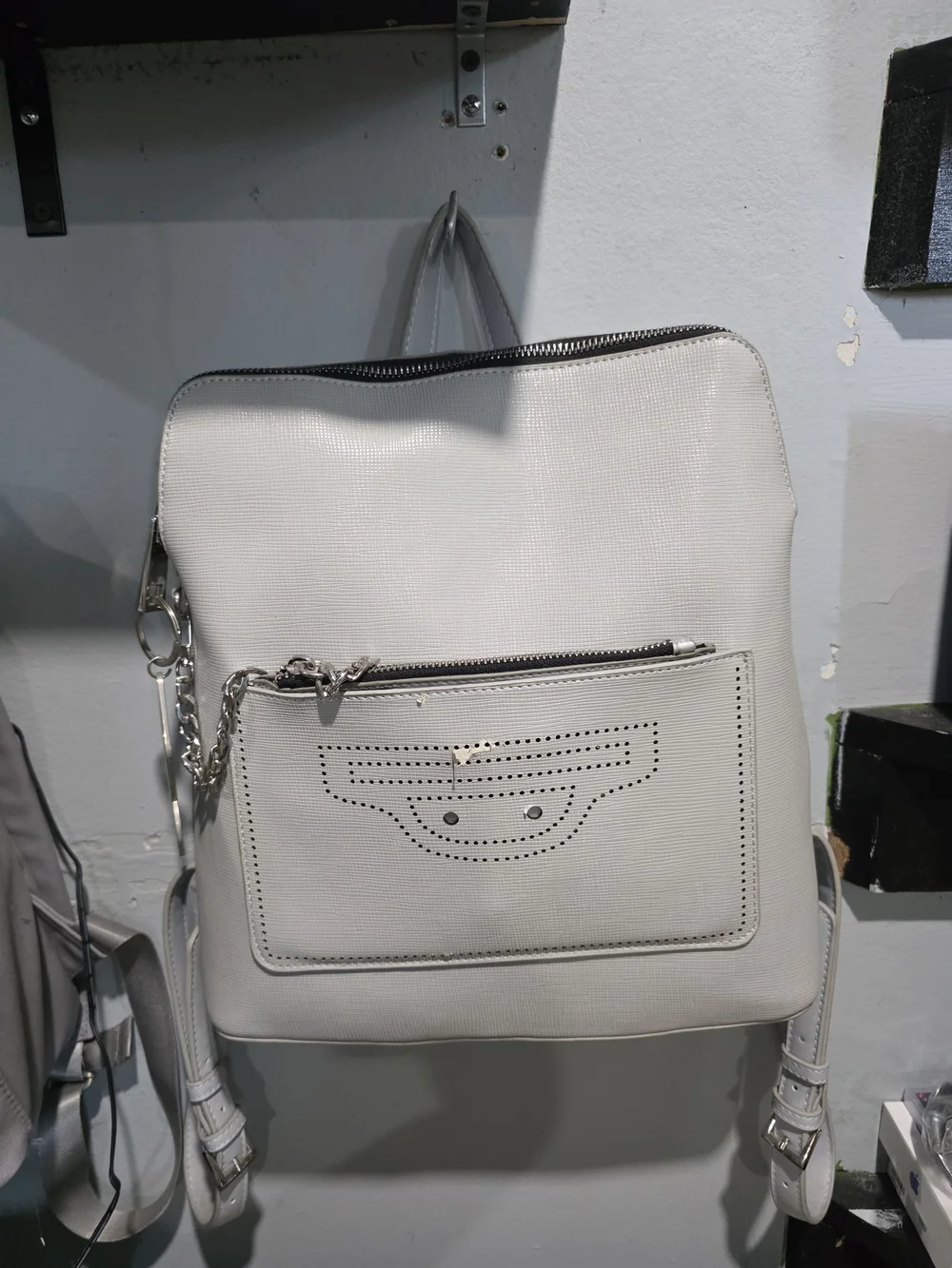 White Women's Faux Leather Backpack with Front Zip Pocket